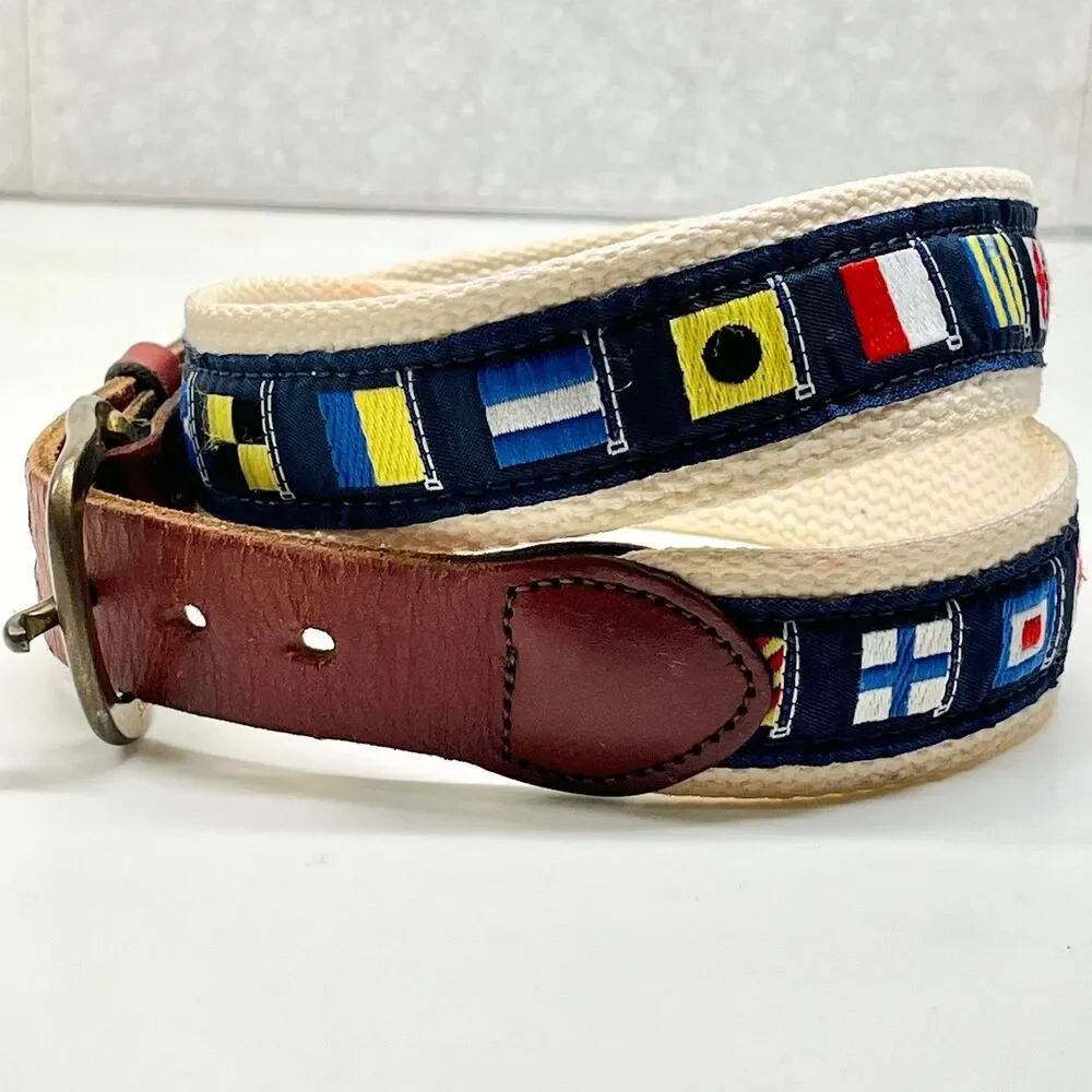 Leather Man Ltd Mens Nautical Flag Ribbon Brown Leather Belt Size 30 XS Brass